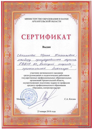Сертификат Степановой И.Н. 23.01.2018