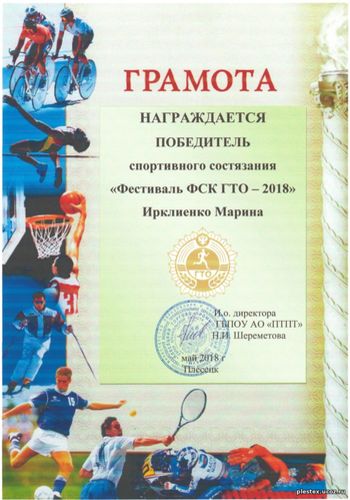 Грамота Победитель ФСК ГТО-2018 Ирклиенко Марина