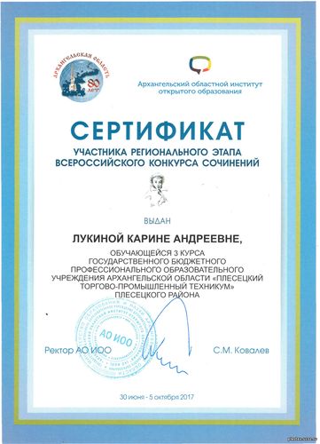 Сертификат участника конкурса сочинений